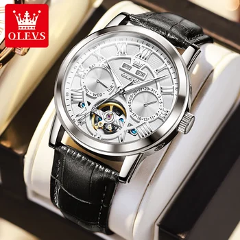 OLEVS Автоматични механични часовници за мъже, луксозни водоустойчив ръчен часовник с светящимся кожена каишка, мъжки кухи часове 86