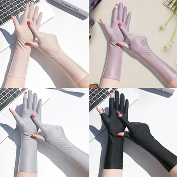 Летни ръкавици, средна дължина с защита от uv, еластична дишаща слънцезащитен крем, ръкавици с два пръста, ръкавици за шофиране със сензорен екран за жени
