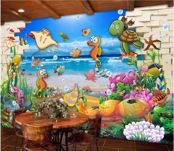 Изработена по поръчка на открито снимка 3d тапети за стая Тухлена Стена Подводен Свят Карикатура Риба на изображението 3d стенописи тапети за стени d 3
