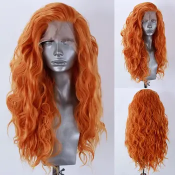 Свободни вълнообразни оранжеви перуки на дантели отпред за жени и момичета, свободна част, предварително выщипанный косата е естествен, синтетични перука, обемна вълна, перуки за cosplay
