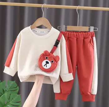 Дизайнерски детски дрехи за деца, пролетно-есенен ден за ден пуловер с анимационни мечка за момчета, блузи и панталони, спортни костюми от 2 теми за деца