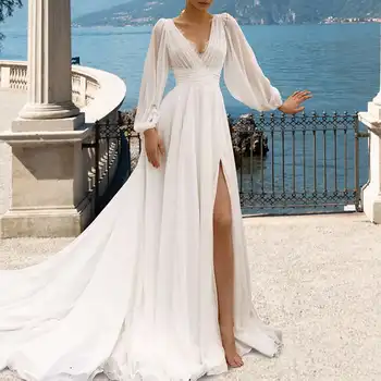 Секси плажна сватбена рокля с дълги ръкави, сшитое по поръчка, шифоновое сватбена рокля в стил бохо с V-образно деколте и с влак