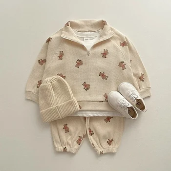 Пролетни комплекти дрехи за бебета с анимационни герои, hoody с дълъг ръкав за малки момчета и момичета + панталони, костюм от 2 теми, комплект дрехи с сладък мечок за деца