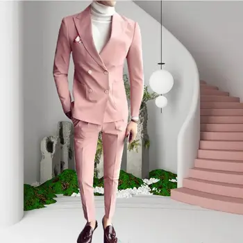 Мъжки костюми, блейзери, розови модерни слънчеви двубортные, 2 броя, плътно прилепнали костюми с остроконечным яка за сватбени партита, смокинги