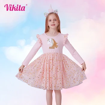 Принцеса рокля за момичета VIKITA, есента рокля с дълги ръкави и пайети под формата на еднорог, детско парти за рожден ден, сватбени рокли от тюл, детски дрехи