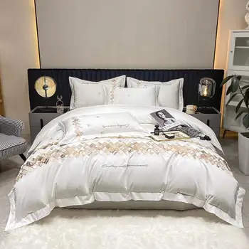 Висококачествен комплект спално бельо от египетски памук с китайската бродерия Queen Size King Size пухени Чаршаф калъфка