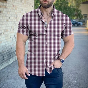 Висококачествена мъжка риза в клетка с 3D принтом, ежедневни хавайска риза с къси ръкави, модни градинска висококачествена тениска, риза оверсайз.
