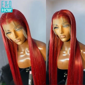 Червена перука на дантели 13x4, перуки, изработени от човешка коса, перуки със затварянето на дантела 4 *4, перуки за жени, ежедневна cosplay, вечерни, омбре, прозрачен перука