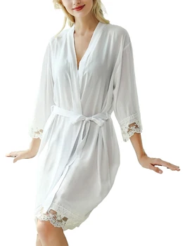 Жена сатен, халат за баня-кимоно с дантелен завършек и колан - елегантен халат за сън с ръкави 3-4
