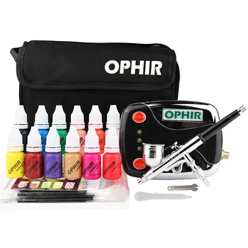 OPHIR 12x Боя за нокти 0,3 мм Аерограф Комплект с Въздушен Компресор 20 Шаблони за Нокти Косметичка Четка За Почистване на маникюр Tools_OP-NA001
