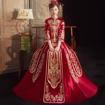 Костюм за младоженеца, висококачествено винтажное вечерна рокля, елегантна сватбена рокля в китайски стил, женски вышитое Чонсам Ханфу