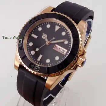 Мъжки автоматичен часовник със сапфир от розово злато, японски механизъм NH36, черен циферблат, посочване на седмицата, дата, каишка от каучук, керамика, въртящи bezel