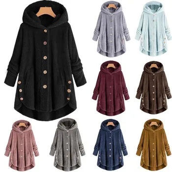 Зимни дамски реколта палто от 2021 г., модни топло однотонная ежедневни връхни дрехи с качулка, копчета, големи размери, меки вълнени палта с дълъг ръкав