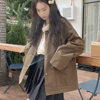 Стилен Дамски яке, Луксозно палто в корейски стил с кукла яка и Големи джобове, Свободно намаляване, однобортное за Жени Пролет-Есен