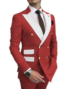 2023 Нов red мъжки комплект, оборудвана комплект от 2 теми с бял остроконечным ревера, официално двубортный плажен комплект за сватбени партита