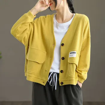 2023 Пролетта нов художествен стил, женски свободни къси палта с дълъг ръкав, двоен джоб, V-образно деколте, однобортная ежедневни яке V465