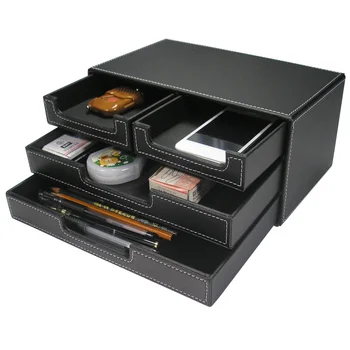 3-слойный кутия за съхранение на канцеларски материали, настолен органайзер за дребни неща, кутия от изкуствена кожа, многофункционален настолен органайзер, черен