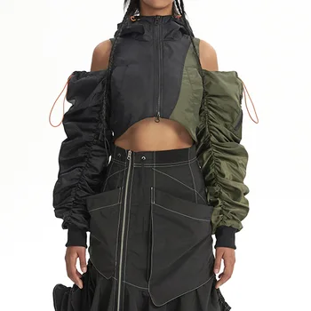 Модерни дамски якета с качулка, завязками на раменете, контрастиращи шевове, палта, обнажающее корема, есен 2023, новост