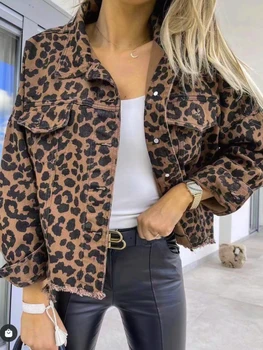 Деним яке дамски Пролет-есен 2023, модни деним яке с леопардовым принтом, дамски свободна ежедневно яке с однобортным джоб