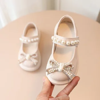 Детски модни обувки принцеса с перлата на носа и бр изкуствена кожа за момичета, детски обувки с пеперуда