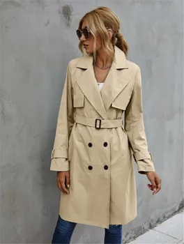 Модерен женски тренч, ежедневното однотонное палто за възрастни, елегантен дълъг ръкав, яка с ревери, двубортный колан за жени