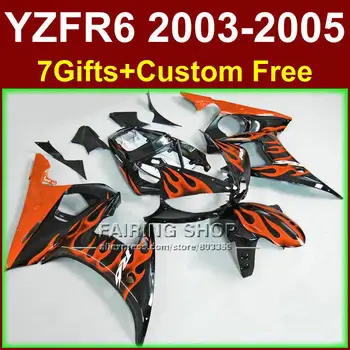 Пластмасови детайли обтекател оранжев пламък черен цвят за YAMAHA ABS fairings YZF R6 2003 2004 2005 комплект обтекателей r6 03 04 05 KU6F