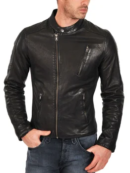 Мъжко черно кожено яке в стил ретро, кожено яке за състезатели в кафенето, повдигане на палтото, модни мотоциклетът на горно облекло