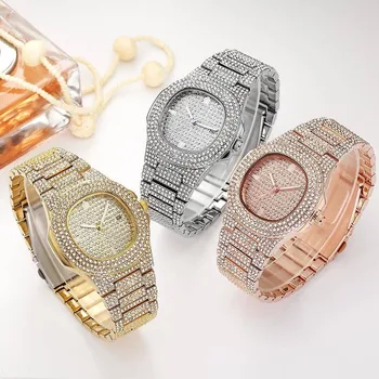 Дамски златен часовник с диаманти, кварцов мъжки часовник в стил хип-хоп с микропавлением CZ, часовници е от неръждаема стомана, часовници relogio дамски часовници