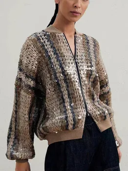 Дамски есенна мода 2023, нов дамски жилетка в контрастен цвят с пайети, палта, дълъг ръкав, яка-часова, яке с цип в ретро стил