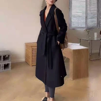 2023 Ново кашемировое палто в стил Хепбърн, женски темпераментное приталенное палто, висококачествено дълга козина ръчно изработени