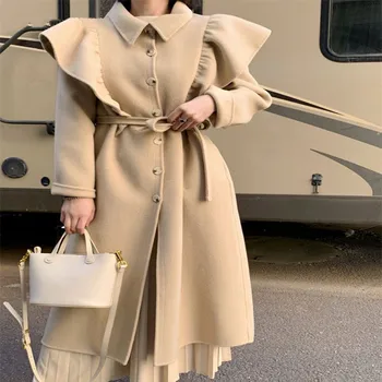 Вълна палто за жени 2023, есенно-зимно модно палто, винтажное офис женски двубортное однотонное дълга козина