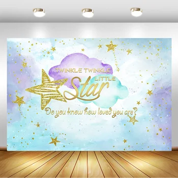 Златният блясък на звездите Фон за душата на детето, синьо лилави облаци фон за снимки на партито по случай рождения ден на Декор десертно маса на подпори