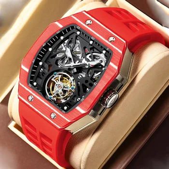 AESOP Тенденция квадратни летящи часовници с турбийоном bezel от въглеродни влакна Механични мъжки часовници от най-високо качество скелет Червени мъжки часовник
