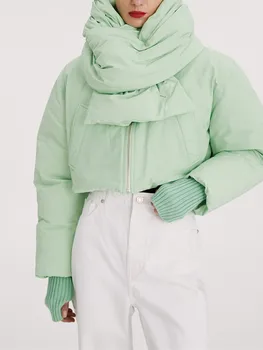 Жена черен или зелен пуховик с отложным яка с цип, модерно зимно топло късо палто, на новост 2022