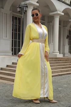 2022 нов дамски дълъг жълт костюм mslalb от 2 теми с колан, украсен с перли