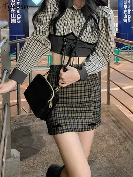 Комплекти на блузи с жена дизайн Тънък, секси съкратен модерен еластична превръзка ретро каре поли Мини корейски стил Сладък отдих Горещи момичета Пролет