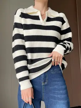 Пролетно-есенен женски пуловер с ревера на черно-бели райета, свободно вязаный пуловер с дълги ръкави, британската мода
