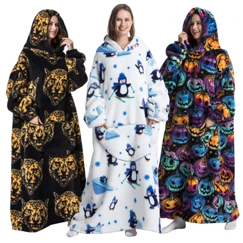 Супер дълго фланелевое одеяло с ръкави Зимни блузи Hoody дамски мъжки унисекс пуловер флисовое огромно одеяло за телевизор оверсайз