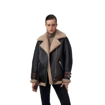 Дамски зимни якета-бомберы от естествена овча кожа, палта от естествена двуликой кожа кожа, връхни дрехи от естествена кожа, черен