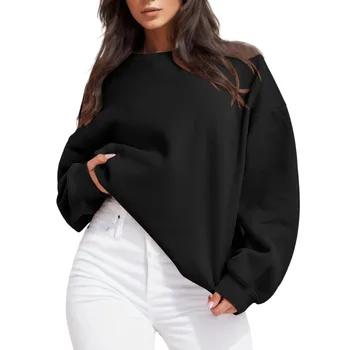 Hoody оверсайз за жени, мек вълнен плат случайни пуловер с кръгло деколте и дълъг ръкав, есен 2023, корейски дрехи, дамско спортно яке