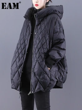 [ИАЛ] Черна клетчатая топло яке-пуховик голям размер, нова, топла женска парка с качулка и дълъг ръкав, мода Tide Есен-зима 2023 1DF1054
