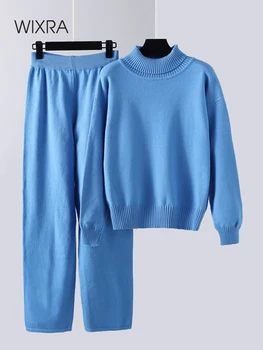 Wixra Плетени дамски комплекти, основно есенно-зимния пуловер с висока воротом, пуловер + еластични панталони с висока талия, трикотажни дамски комплекти