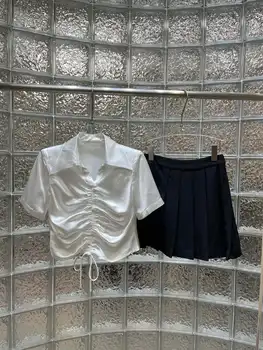 Риза с завязками + плиссированная пола, костюм, ежедневна мода 2023, лято, нов стил 0405