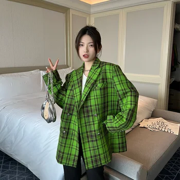 Корейски случайни ретро женски пъстро яке, пролетно мода, двубортный, и яка, дълъг ръкав, зелена блейзери, връхни дрехи