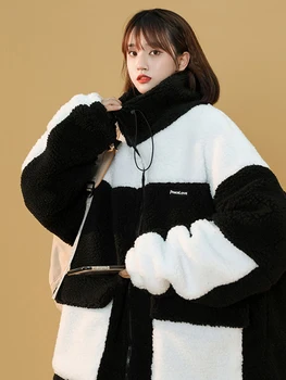 Корейската мода топло руното яке контрастен цвят за жени, есен-зима 2022, дамски палта голям размер, реколта памучни дрехи
