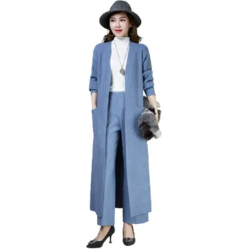 Пролетно вязаная яке, женски дълъг вязаный жилетка, новост 2019, женски висококачествен син корейски жилетка с V-образно деколте и дълъг ръкав, пуловер 620