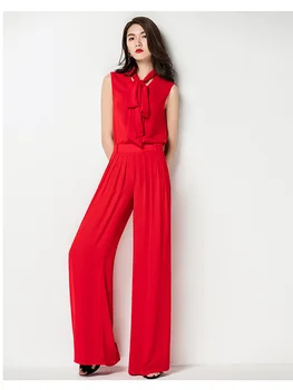 Жена брючный костюм 2023, летен моден шифоновый топ с червени ръкави, широки панталони, комплект от две части