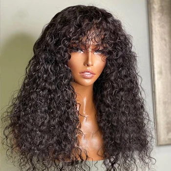 Дълга къдрава коса с бретон за черни жени, напълно машинни перуки, изработени от човешка коса с водна вълна, с бретон, бесклеевые бразилски девствени косата