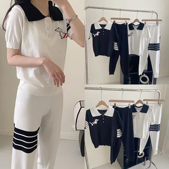 Висококачествена лятна тениска с къси ръкави в корейски стил Spot 2023 TB Puppy от жакард с къс ръкав + всекидневни спортни панталони, комплект