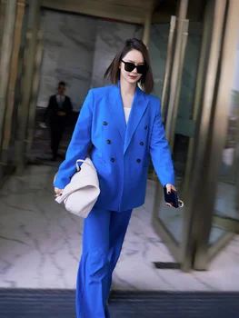 Същия син костюм Qi Wei Star, женски пролетно-есенен комплект 2023, нови широки панталони, професионален костюм от две части